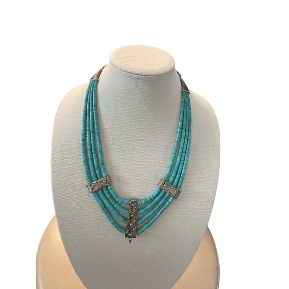 Arizona turquoise & silver navajo 4 string necklace - Picture 5 of 9